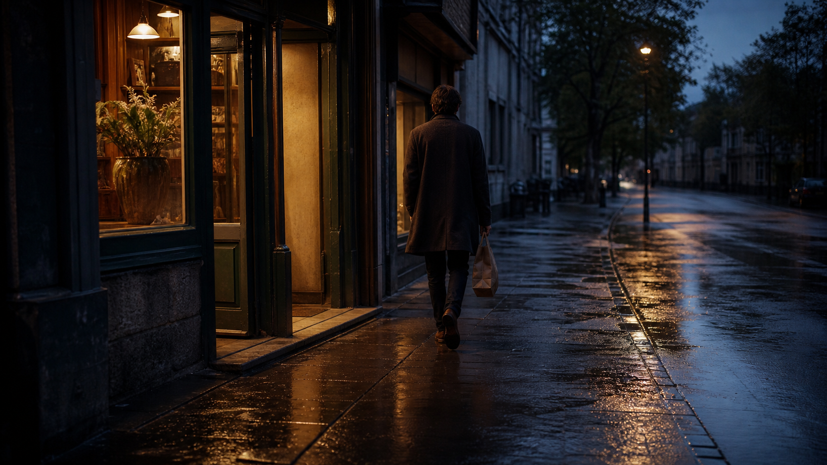 A person walking away from a warmly lit shop at blue hour.