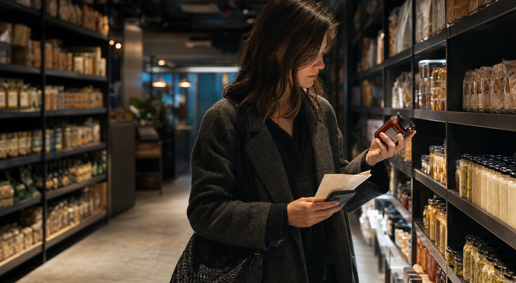 A shopper compares a product in a quiet store after an AI assistant has narrowed the choice.