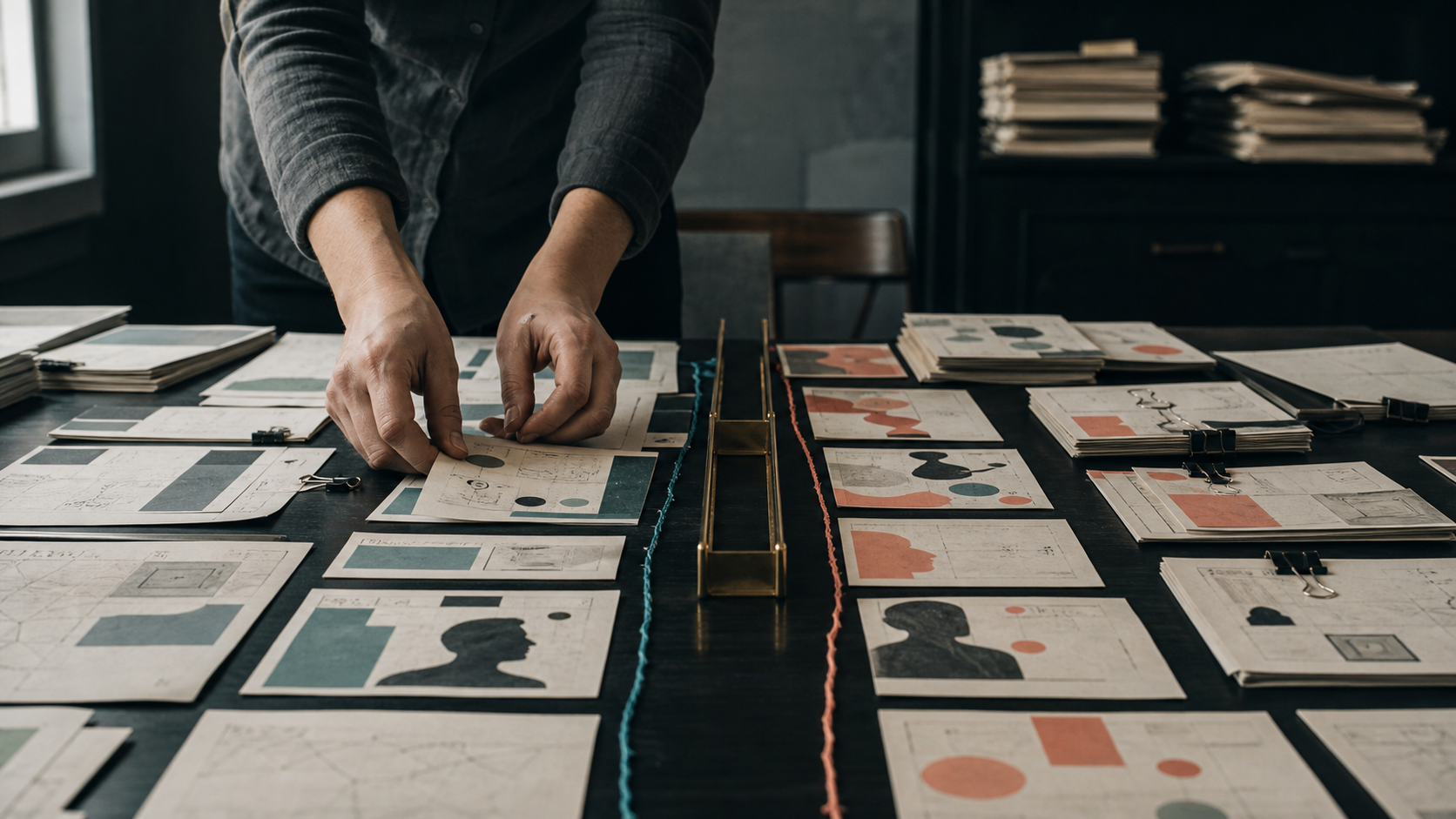 Hands sorting abstract audience profile cards into separate paths.