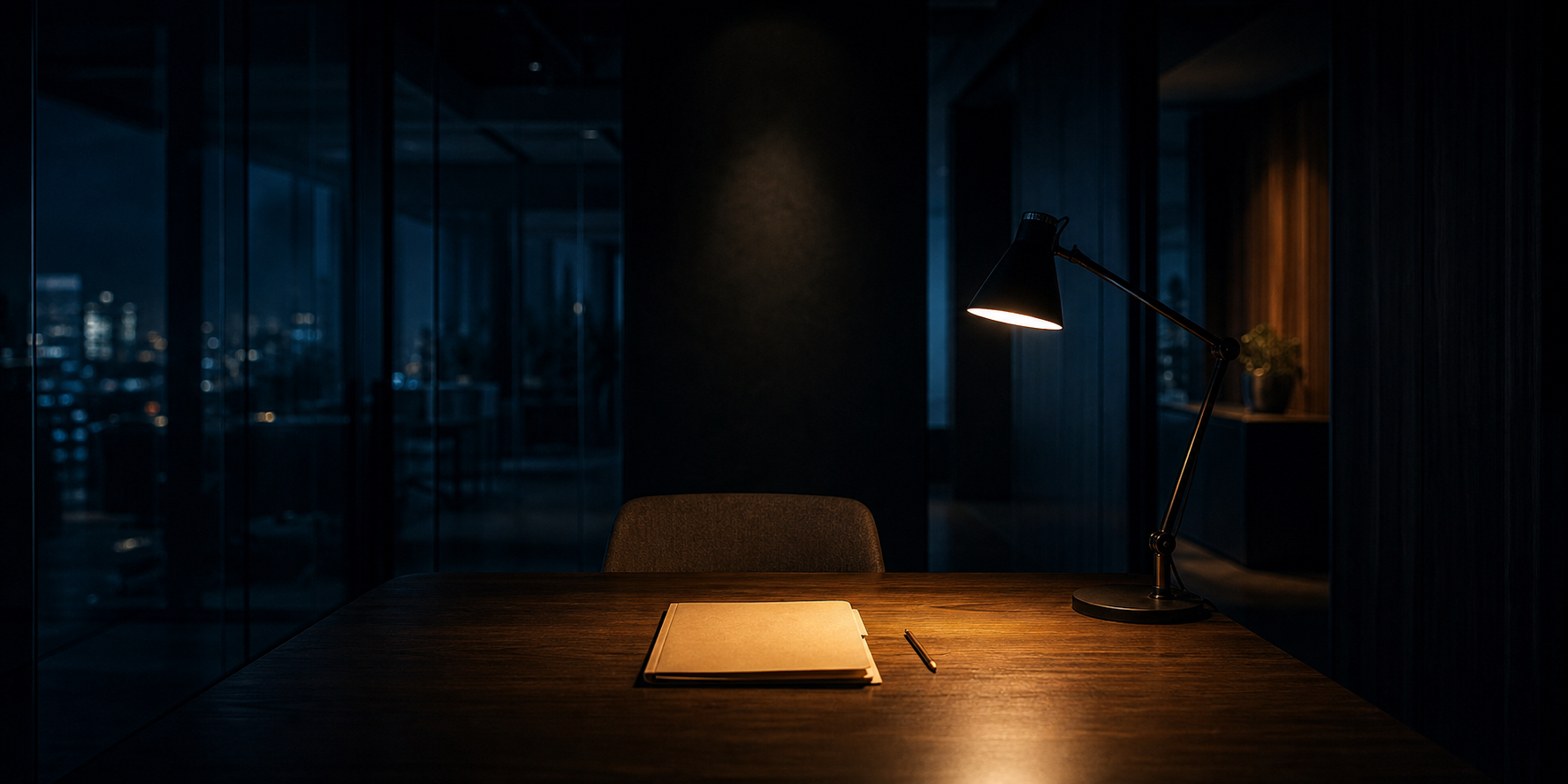 An empty operations room with one folder waiting under a desk lamp.