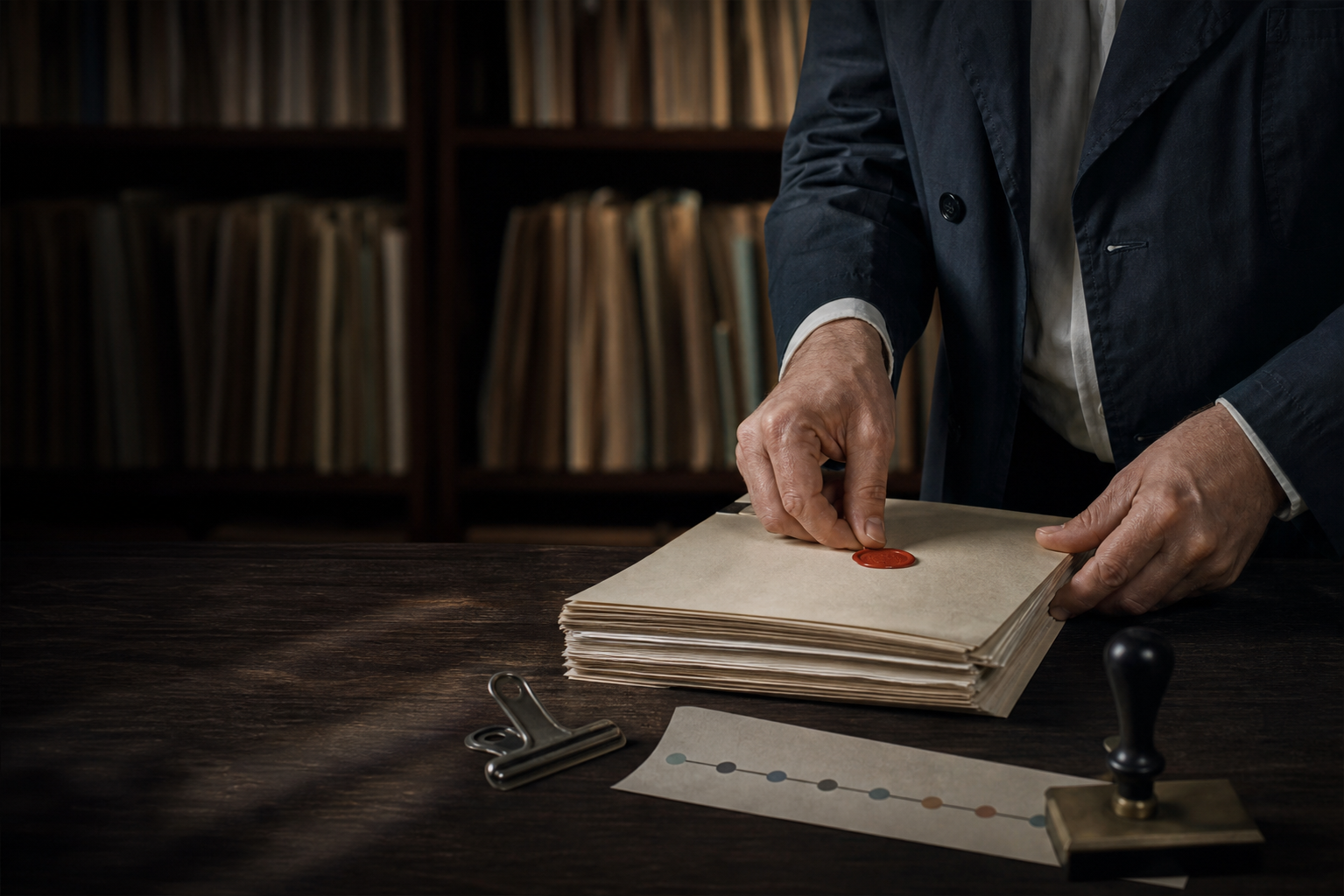 An operator sealing a paper case file beside a compliance timeline.