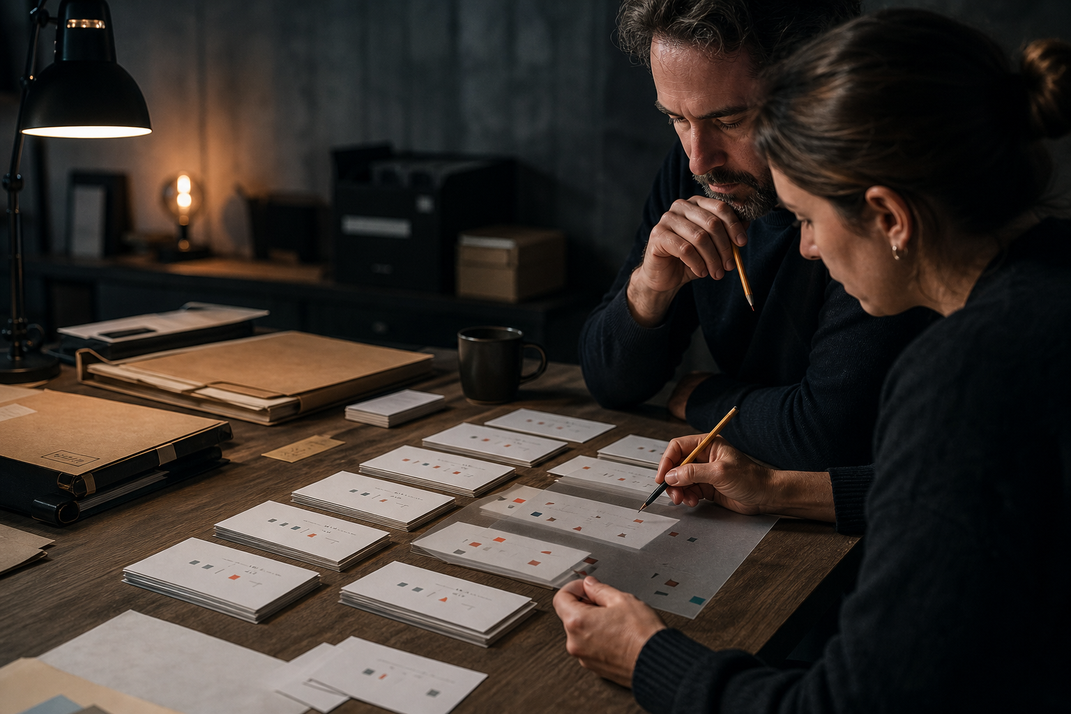 Two operators comparing printed decision cards and an overlay sheet.