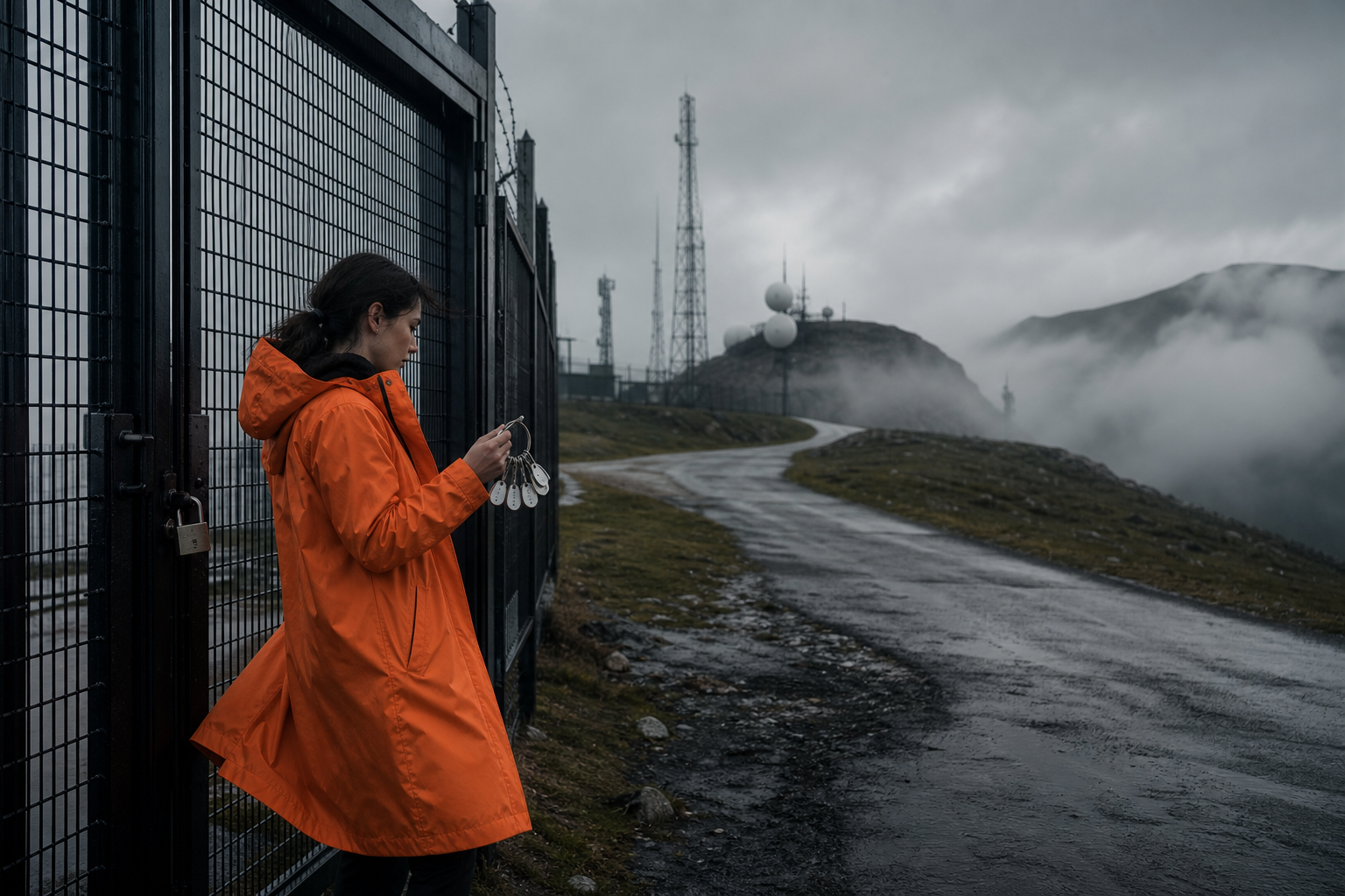 A woman in an orange raincoat assessing access fobs at a locked gate outside a remote communications facility.