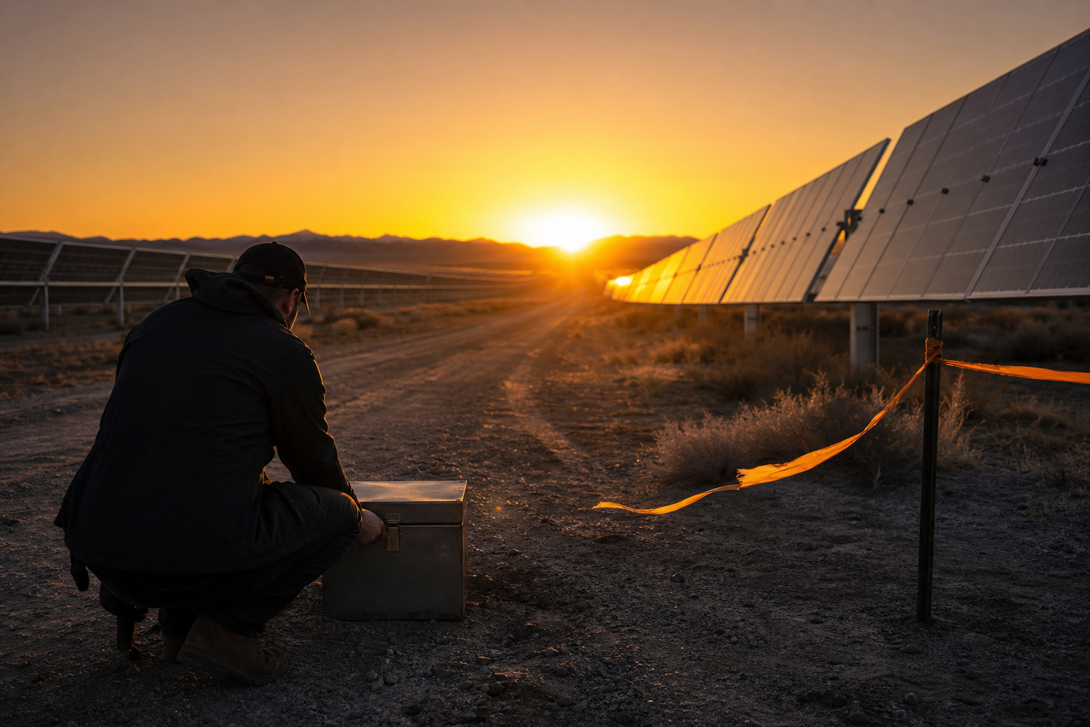 A field operator beside a solar array at sunrise securing a steel case after an incident drill.
