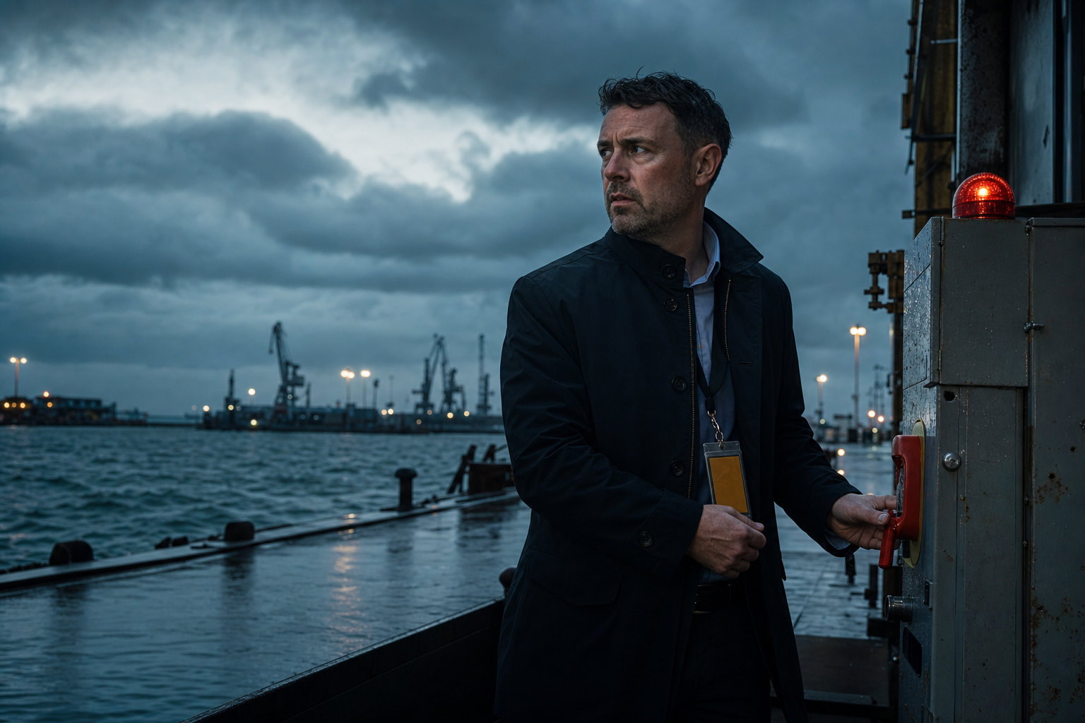 An operations leader at a stormy industrial waterfront holding an access badge beside a weatherproof emergency stop lever.