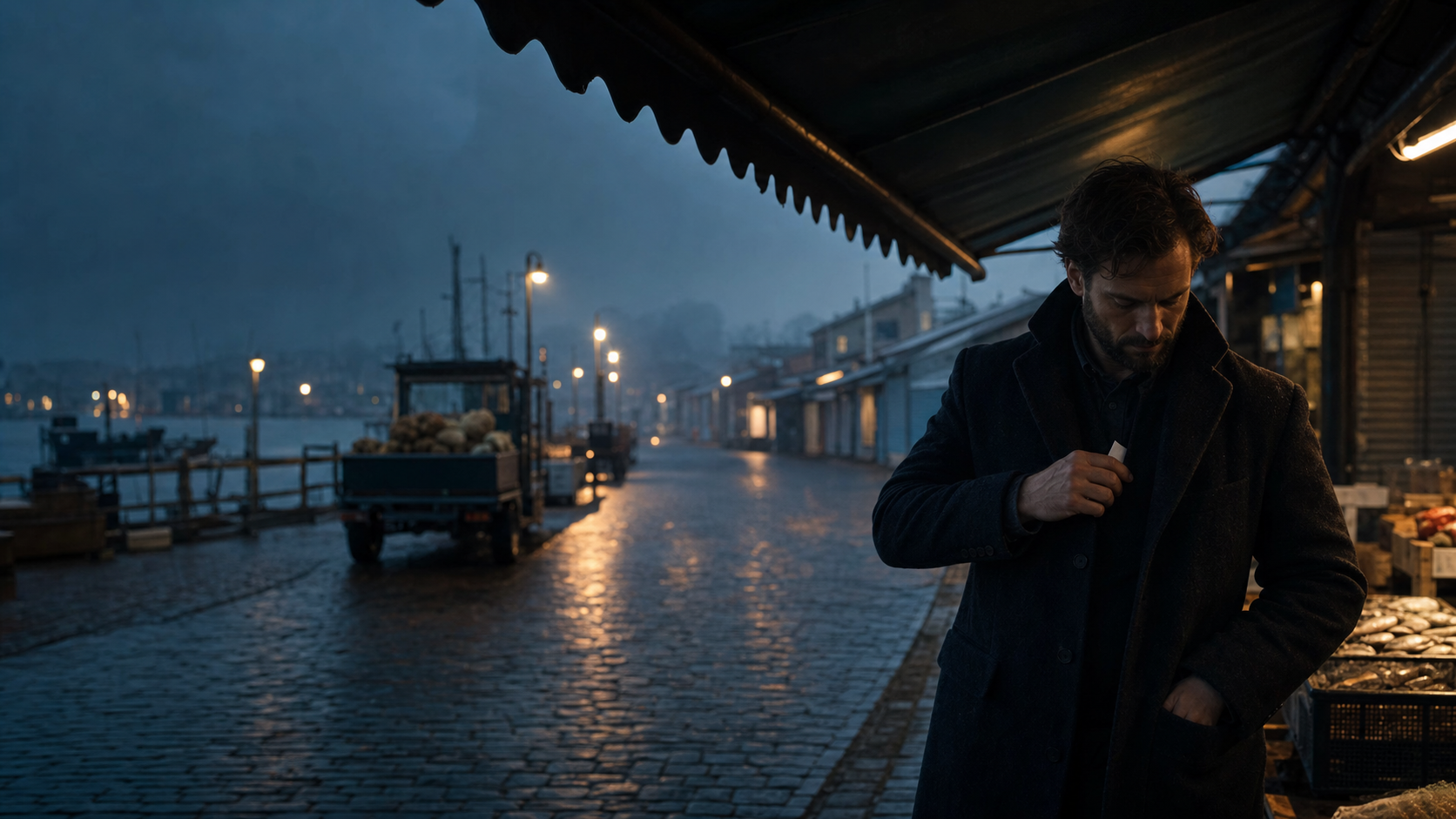 A merchant folds a receipt under a market awning by a quiet waterfront at dusk.