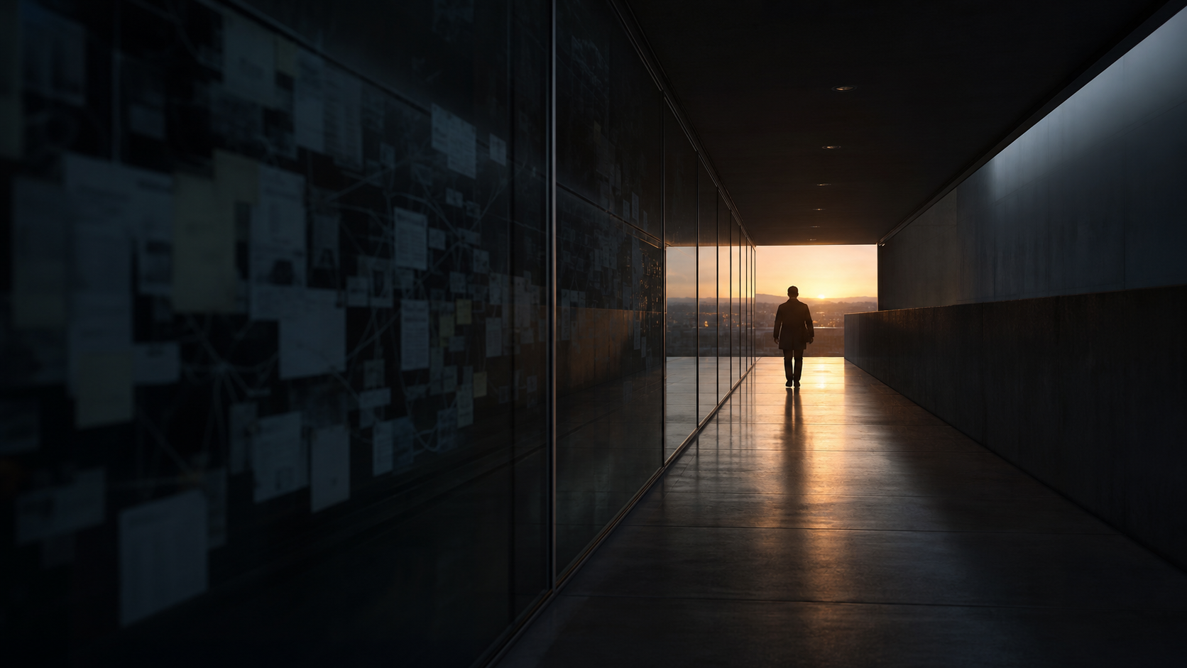 A person leaving an evidence room at dawn after reviewing AI agent behavior.