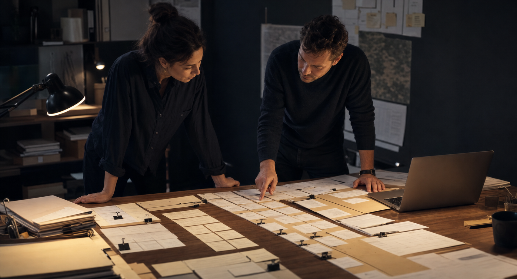 Two operators comparing printed AI agent decision traces on a review table.