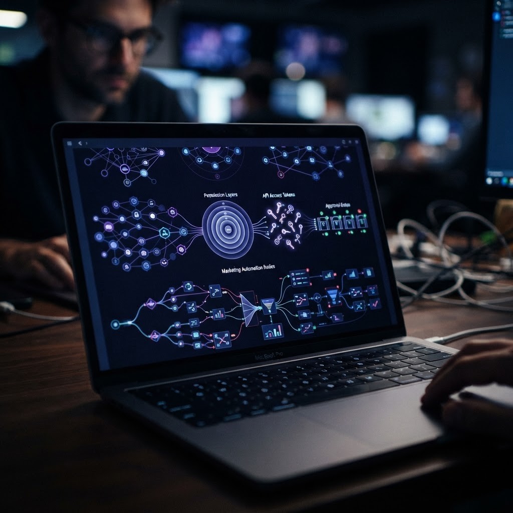 The scary part isn't the agent. It's the access map nobody drew. A permissioned network of marketing agents connected to approval gates