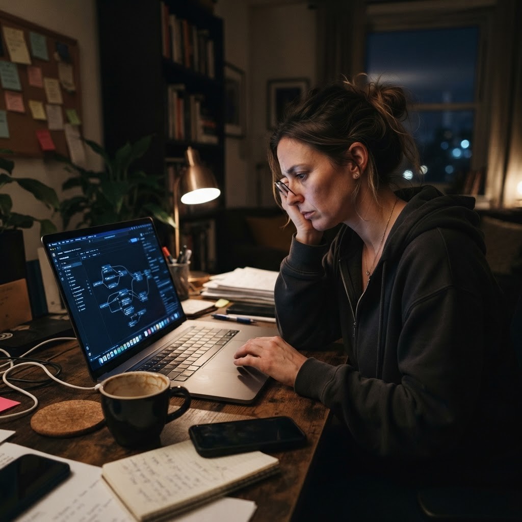A human review step is useless when the human can't see the blast radius. A marketing manager reviewing an AI workflow at a home desk late at night