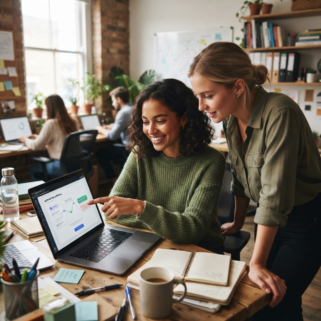 The best control is a team that can challenge the workflow before it ships. Two marketers reviewing an automation approval on a laptop in a small office