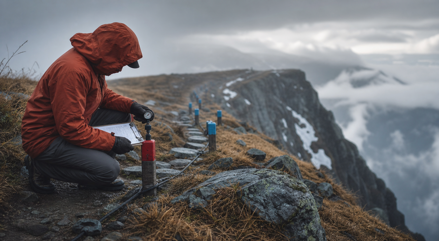 A field engineer validating a trail marker before a steep drop.