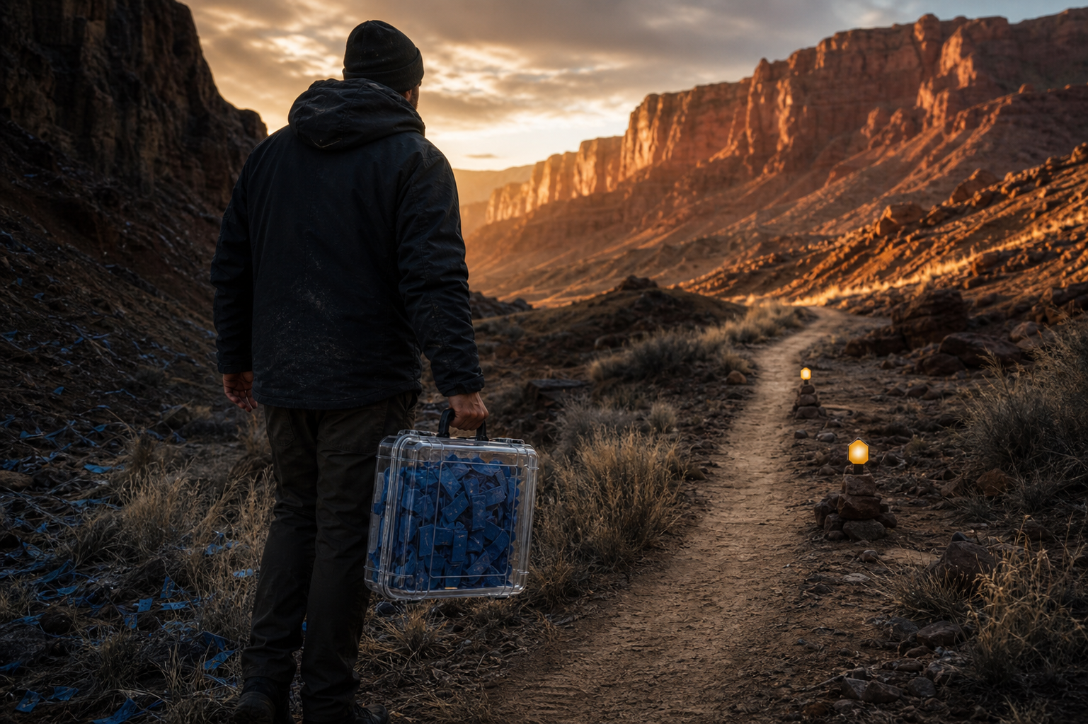 A field leader in a desert canyon carrying discarded blue route markers toward two amber markers on a clear trail.
