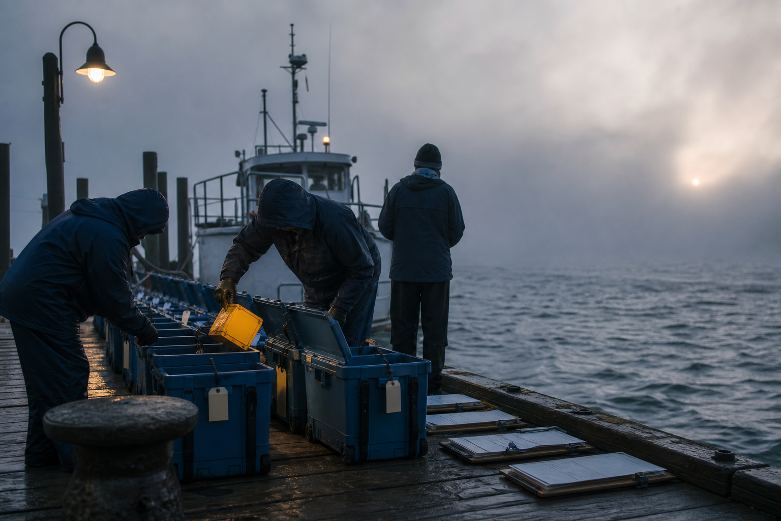 Three field workers on a foggy coastal pier organizing blue cases and a single amber case beside a vessel.