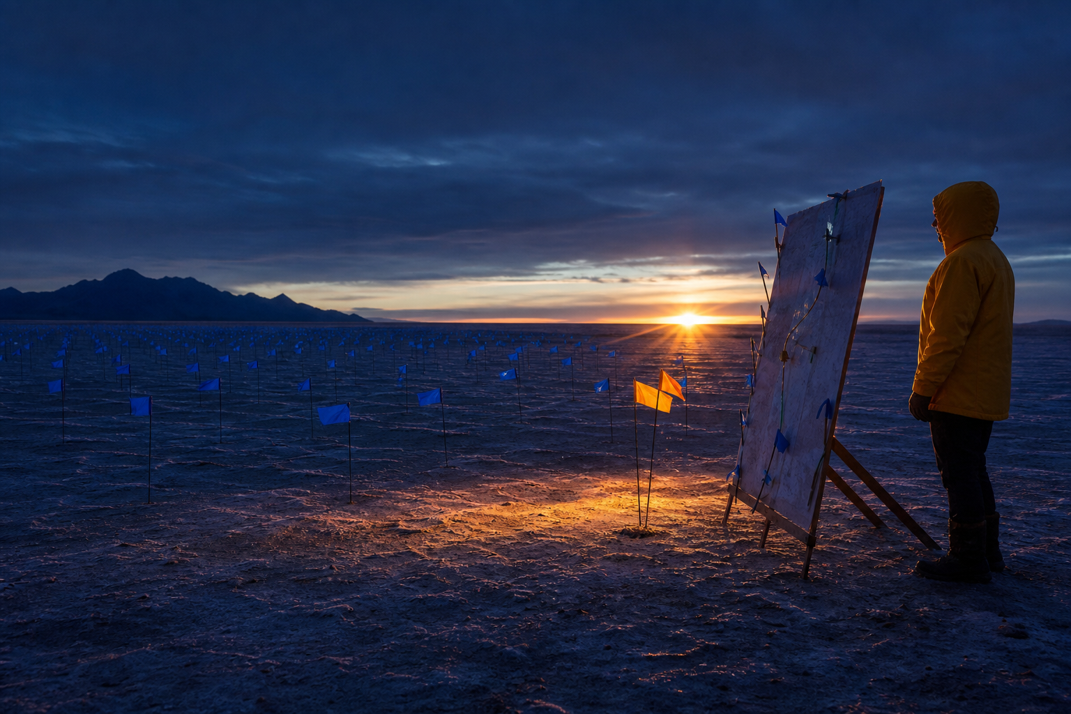 A person reviews a field map at sunset, tracing the path that led to the outcome.
