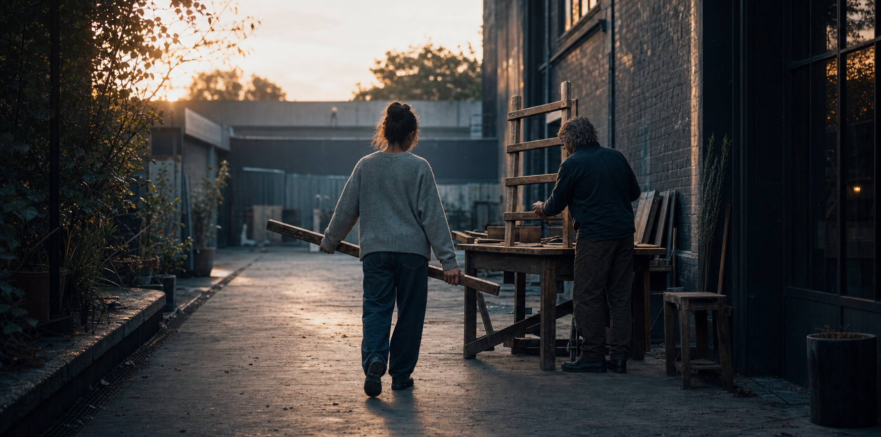A young marketer carries a wooden rung toward an experienced builder assembling a new ladder at sunrise.