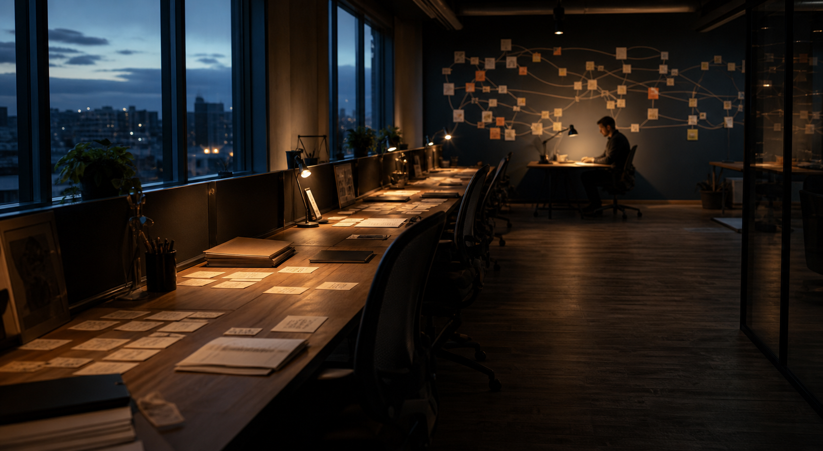 A single experienced operator works at the far end of a marketing operations room while junior stations sit empty.