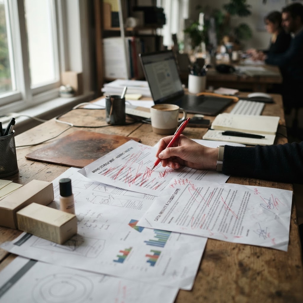 The new media plan needs a disclosure plan before it needs a bigger budget. A printed brand brief and consent form on a strategist's table, with targeting fields crossed out