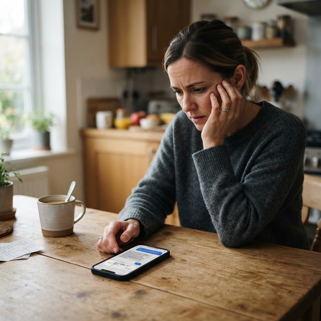 The sponsored result is no longer beside the answer. It is competing with the answer's voice. A mobile phone on a kitchen table showing an AI assistant conversation with a separated sponsored recommendation