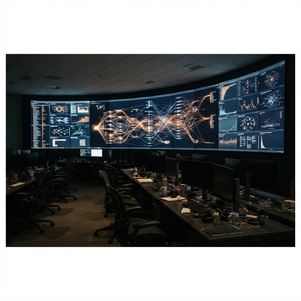 The platform can show you the impression. It may never show you the conversation that made it matter. A dark advertising operations room with fragmented attribution paths glowing on wall monitors