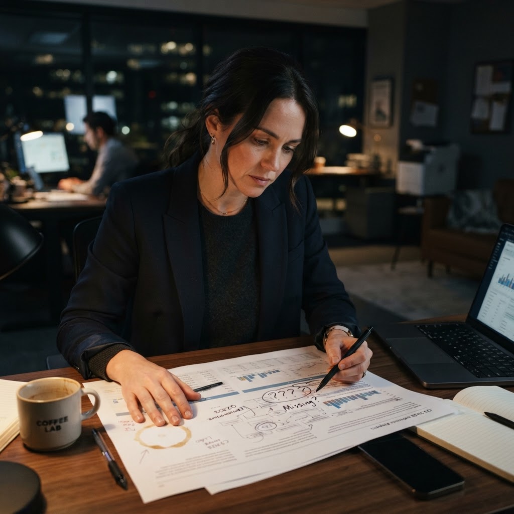 A test that cannot explain its misses is not a learning system. It is a budget request. A marketing leader reviews a printed performance report with missing conversion paths in a late-night office