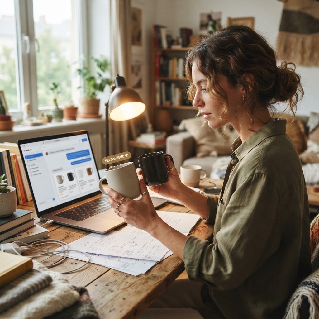 The valuable moment is not the click. It is the shortlist the assistant creates before the click. A shopper compares two unbranded products beside a laptop with a conversational interface