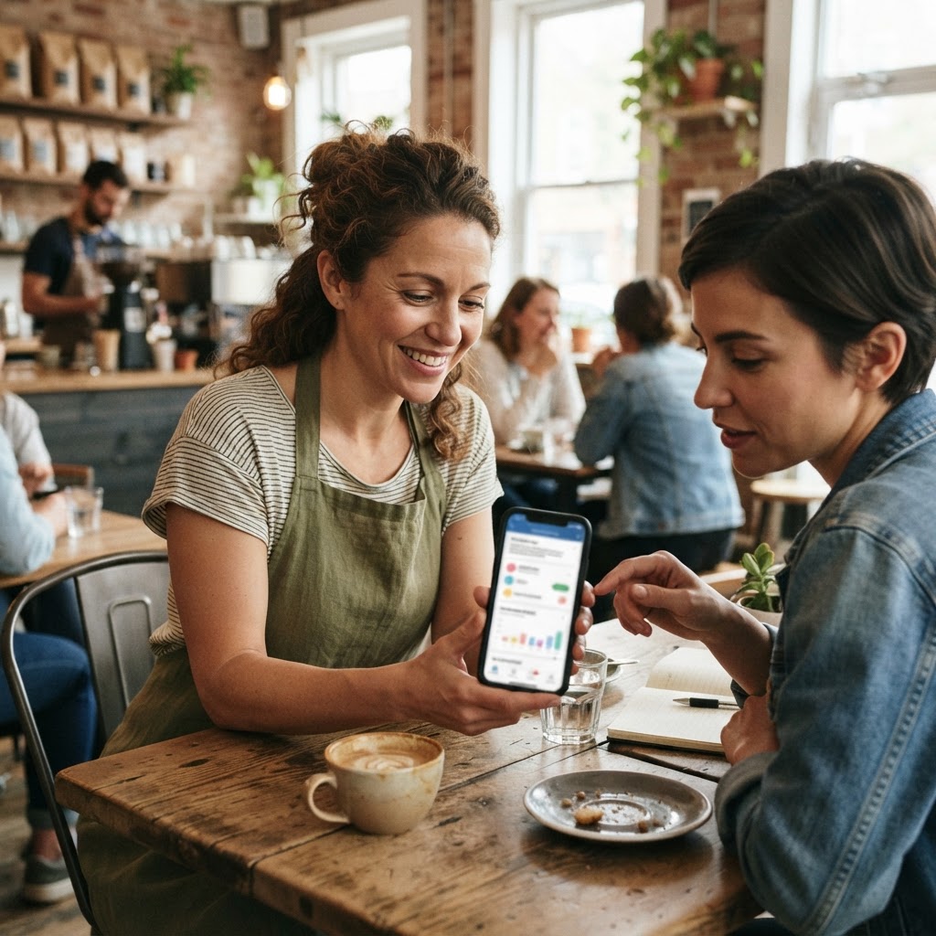 People will accept help from machines long before they accept being quietly sold through them. Candid phone photo of a small business owner showing a friend an AI assistant recommendation in a coffee shop