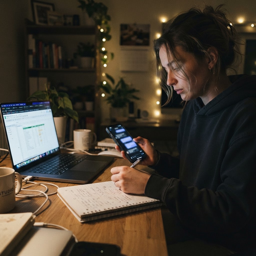 Someone inside the team still has to ask what the machine actually changed. Candid phone photo of a tired marketing manager reviewing a blurred AI assistant answer beside a laptop at 11pm