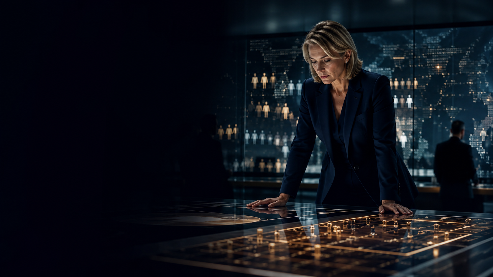 A marketing leader reviews a decision ledger in a dark customer-data control room.