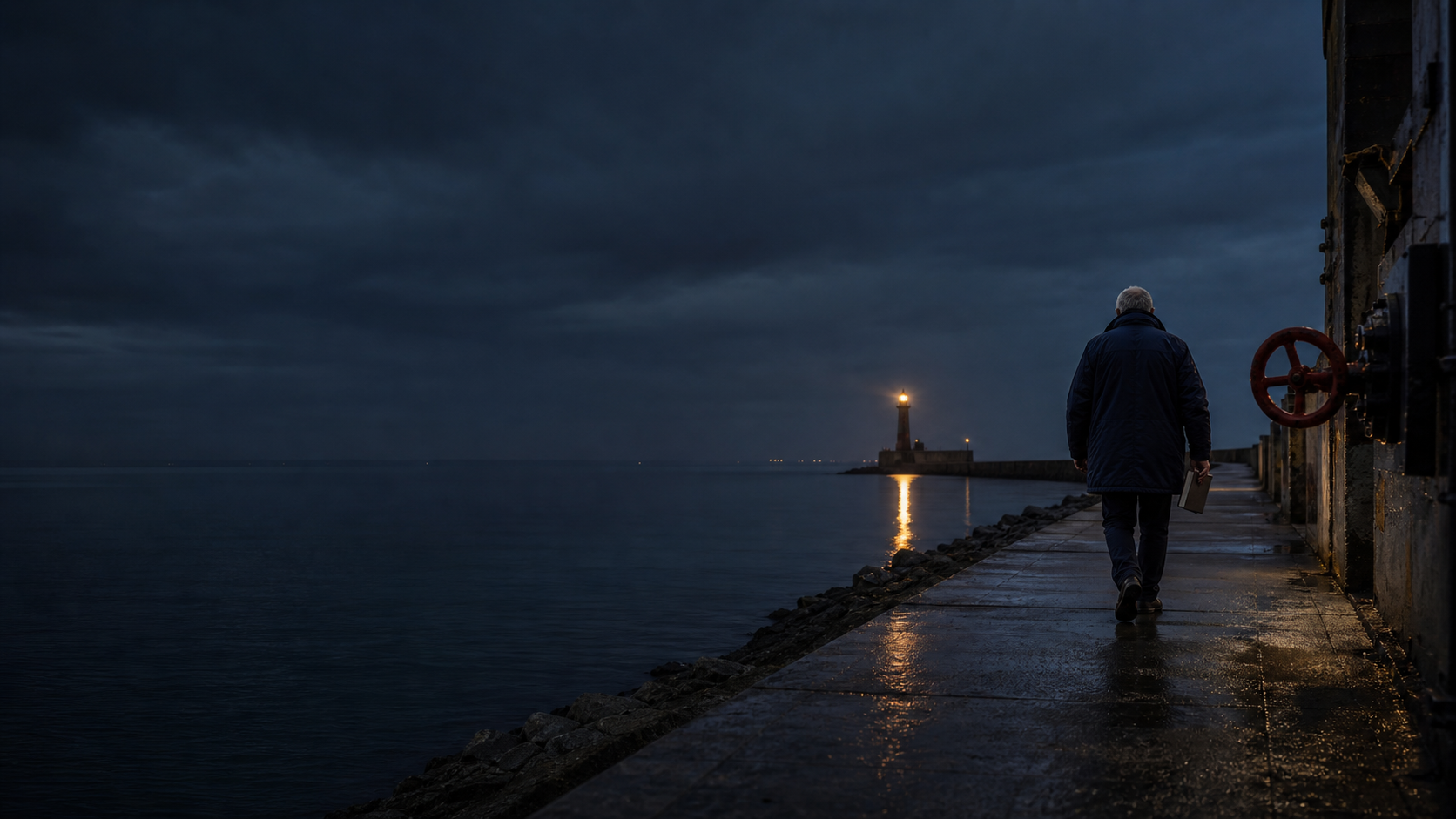 A field inspector walks along a rain-wet breakwater at dusk with a closed logbook and a distant lighthouse.