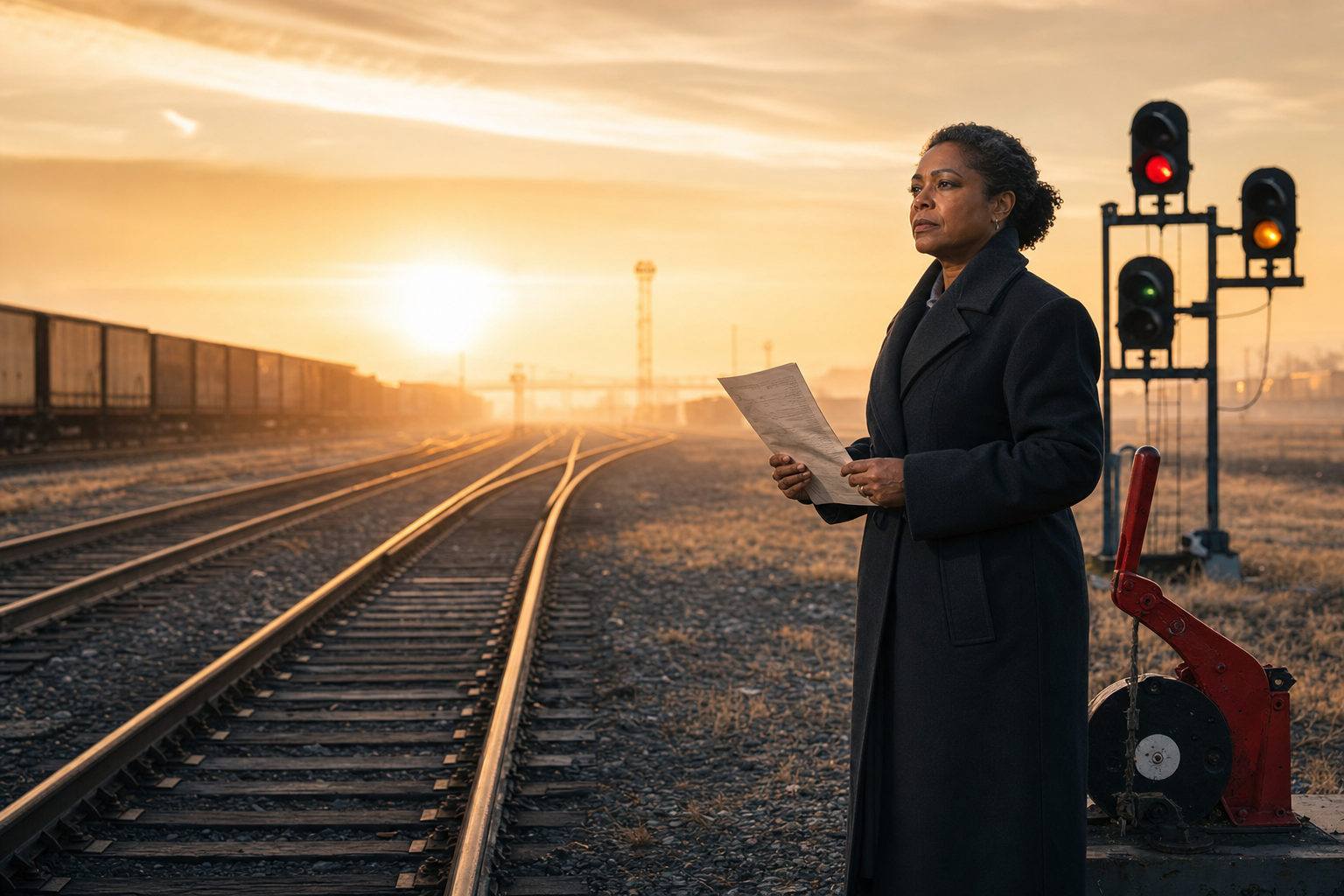 An operations director at a misty freight yard studies a paper decision sheet beside rail signals and a red manual signal lever.