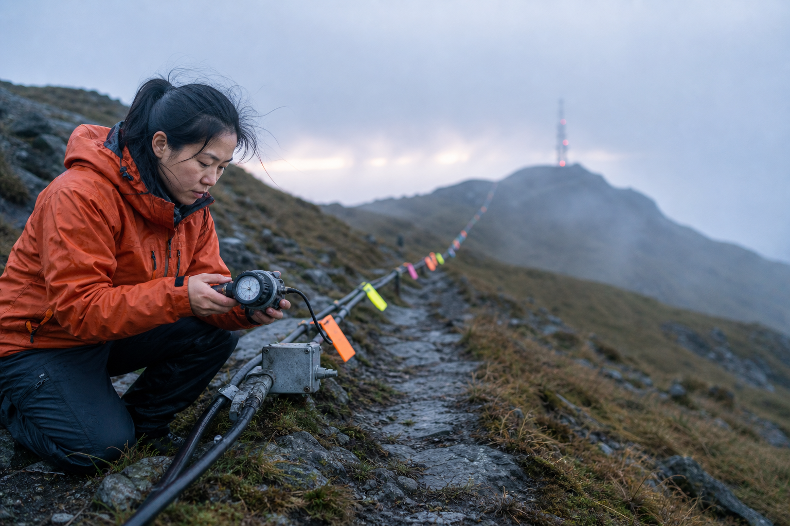 An engineer tests a cable junction on a windswept mountain path while inspection tags lead toward a distant communications mast.