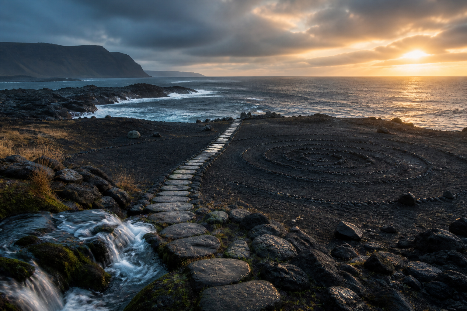 A stone path leads from a natural spring across dark coastal ground toward an open sea at sunrise, beside a circular stone pattern.