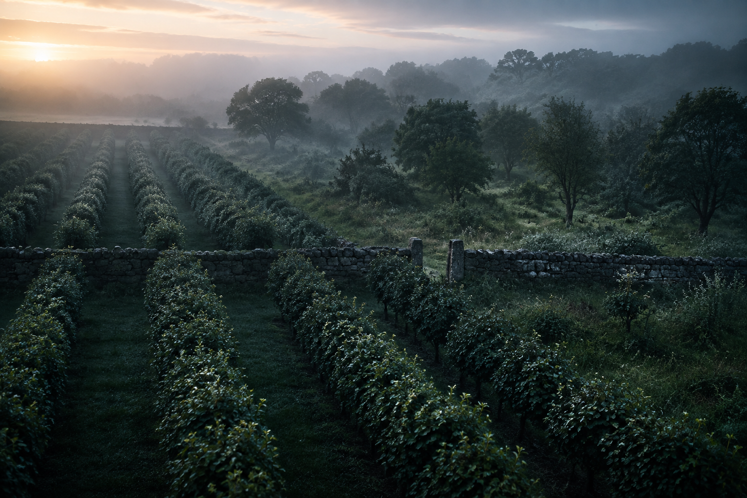 An orchard of unnaturally uniform rows ends at a stone boundary, beyond which a varied grove survives in morning fog.