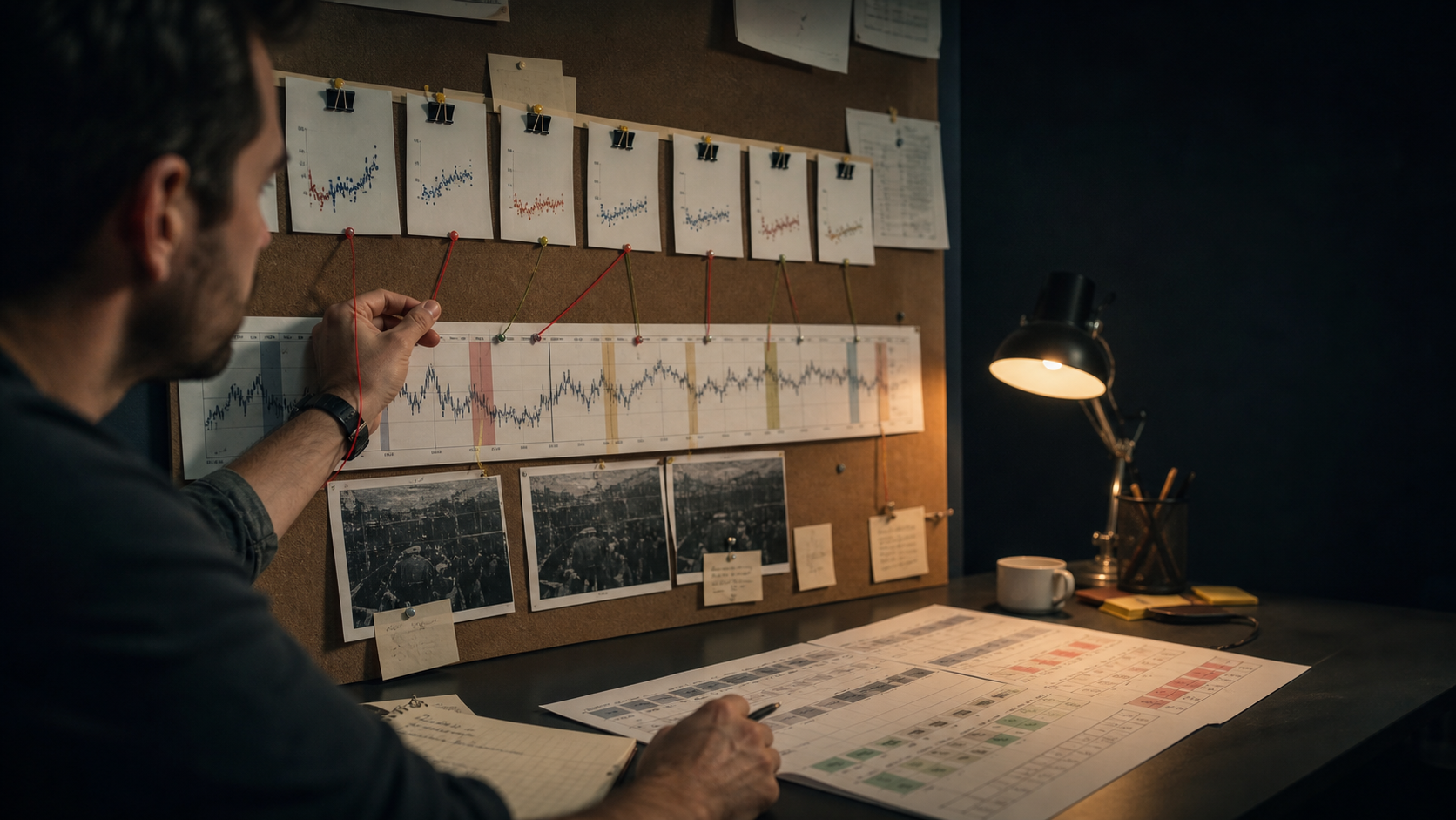 An operator tracing weekly model charts and campaign evidence on a pinboard.