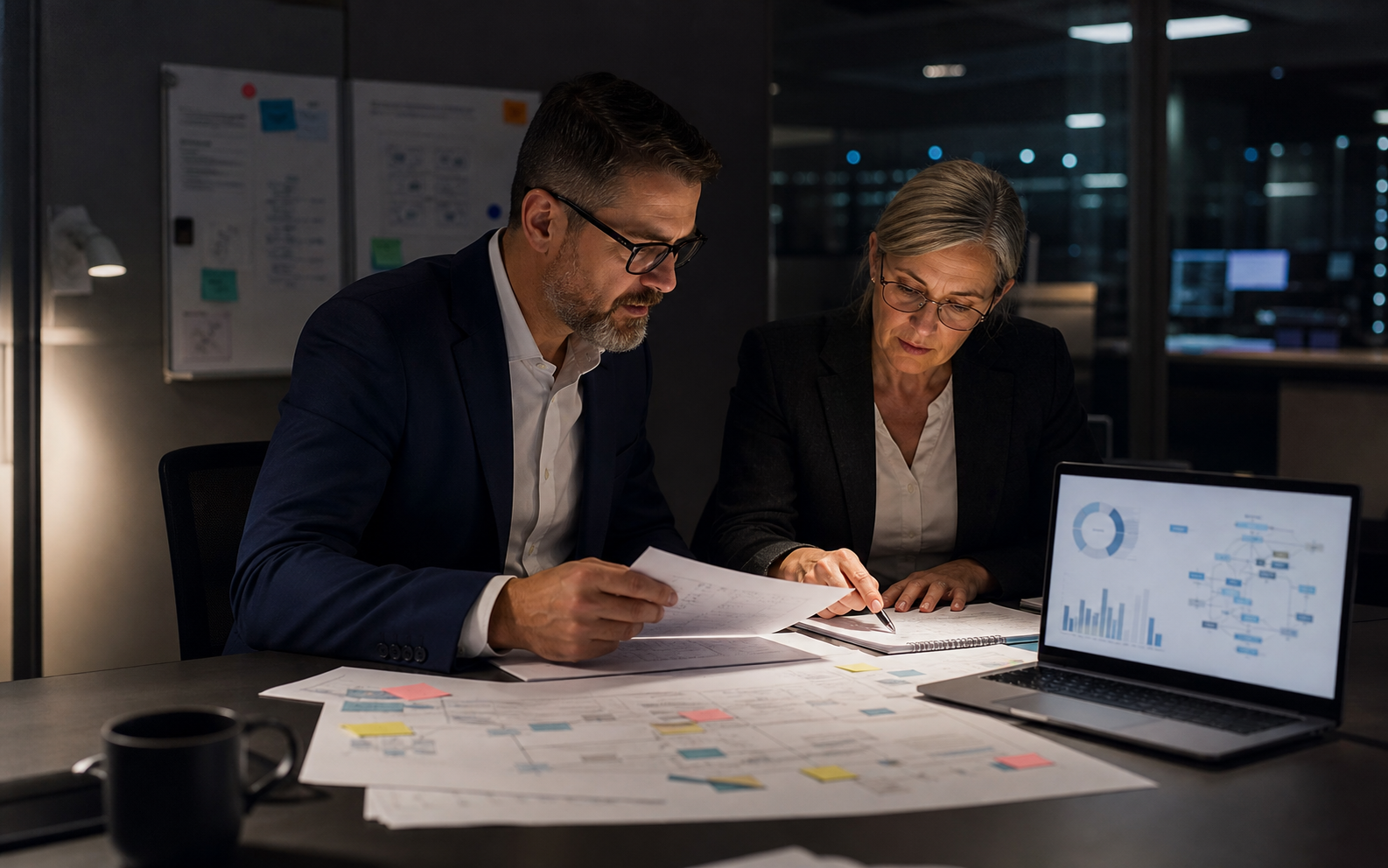 Compliance experts review anonymized decision records in a late-night audit room.