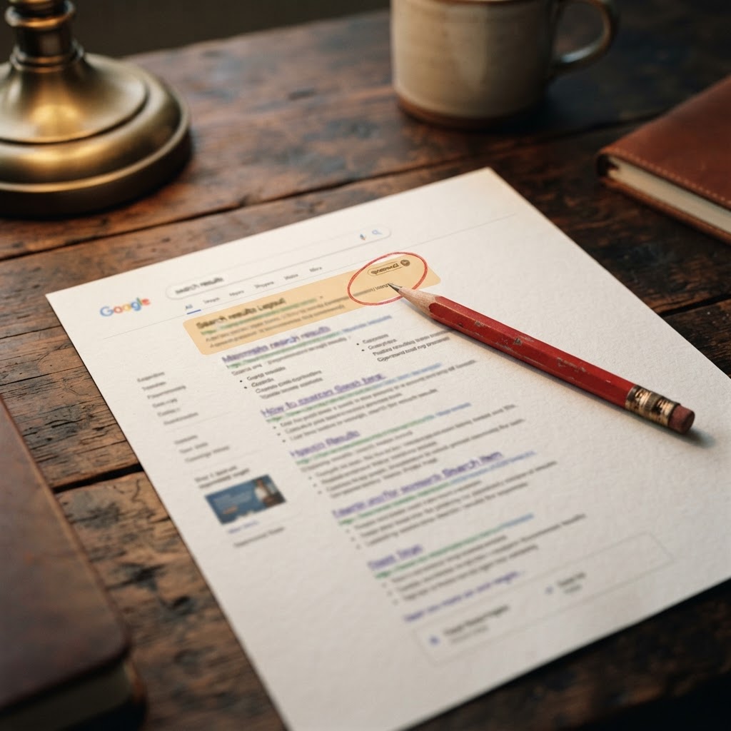 The ad is no longer just a link. It can become part of the answer. A printed search result with a sponsored recommendation and a circled source line