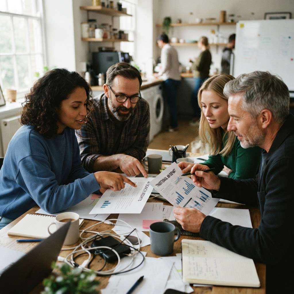 The useful question is not which channel won. It is what the buyer was actually told. A candid smartphone photo of an agency team comparing an AI answer with a traditional ad report around a kitchen table