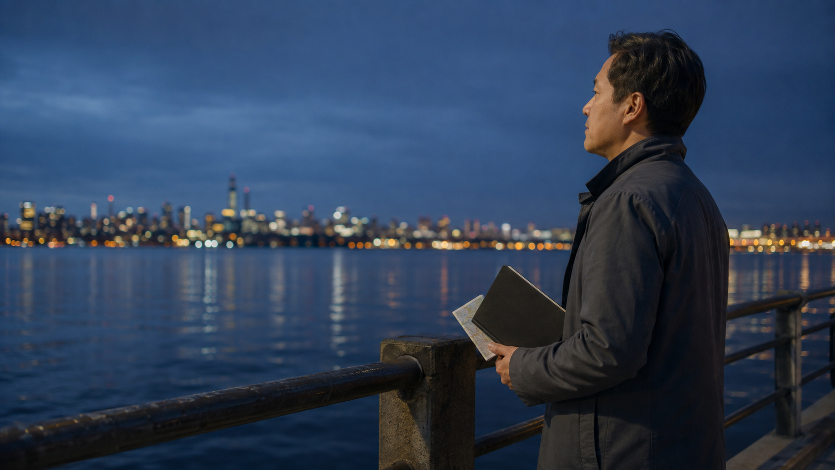 A marketing analyst looking across a waterfront after completing an AI-search measurement review.