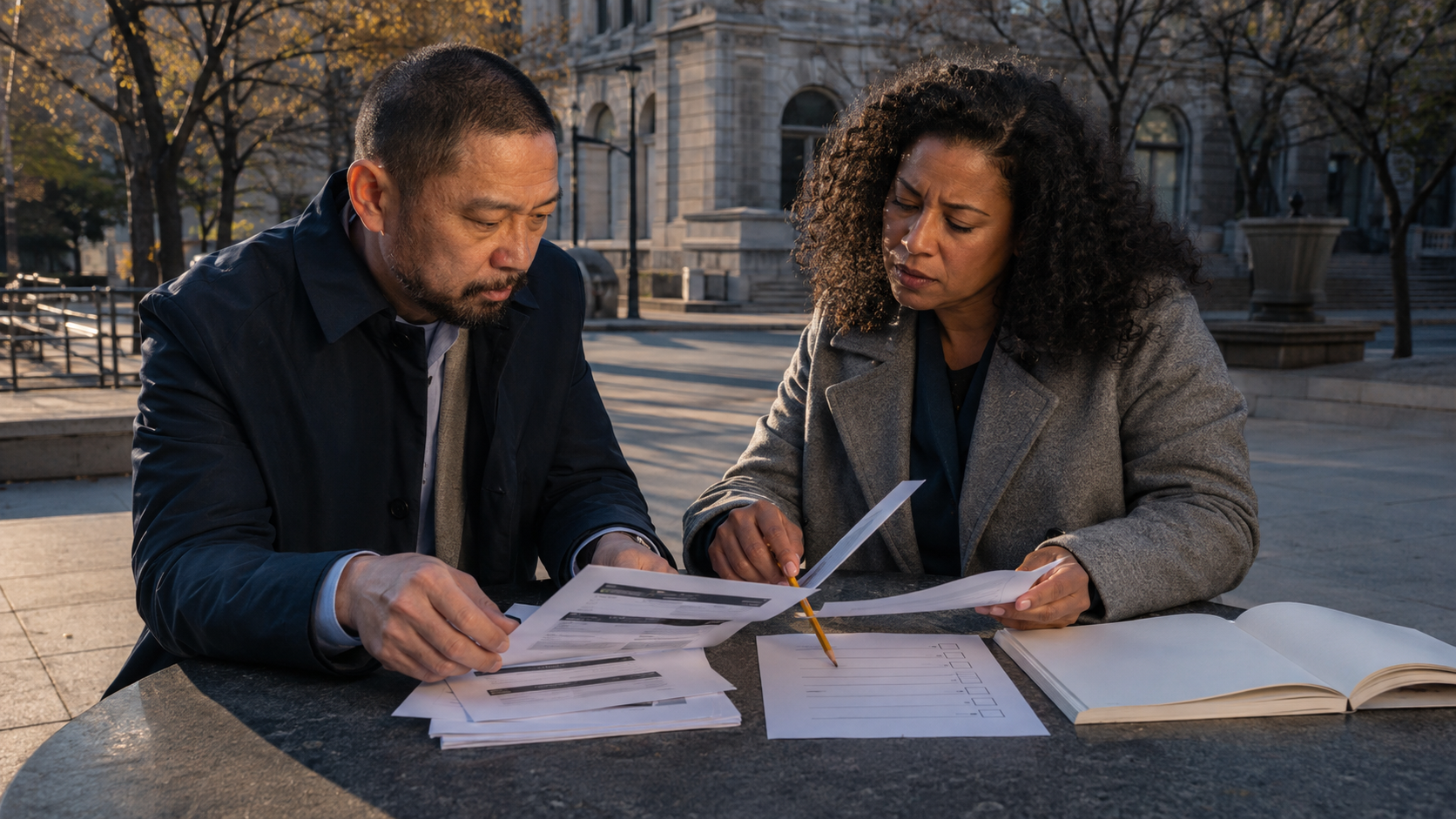 Two analysts comparing search-result snapshots and a measurement checklist at a city plaza table.