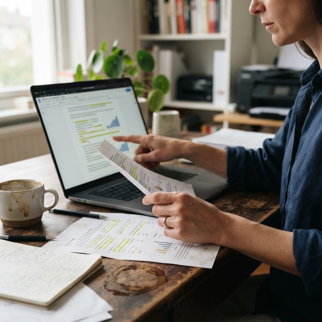 The source check is becoming part of the buying journey. Hands compare an AI-generated answer with an original report