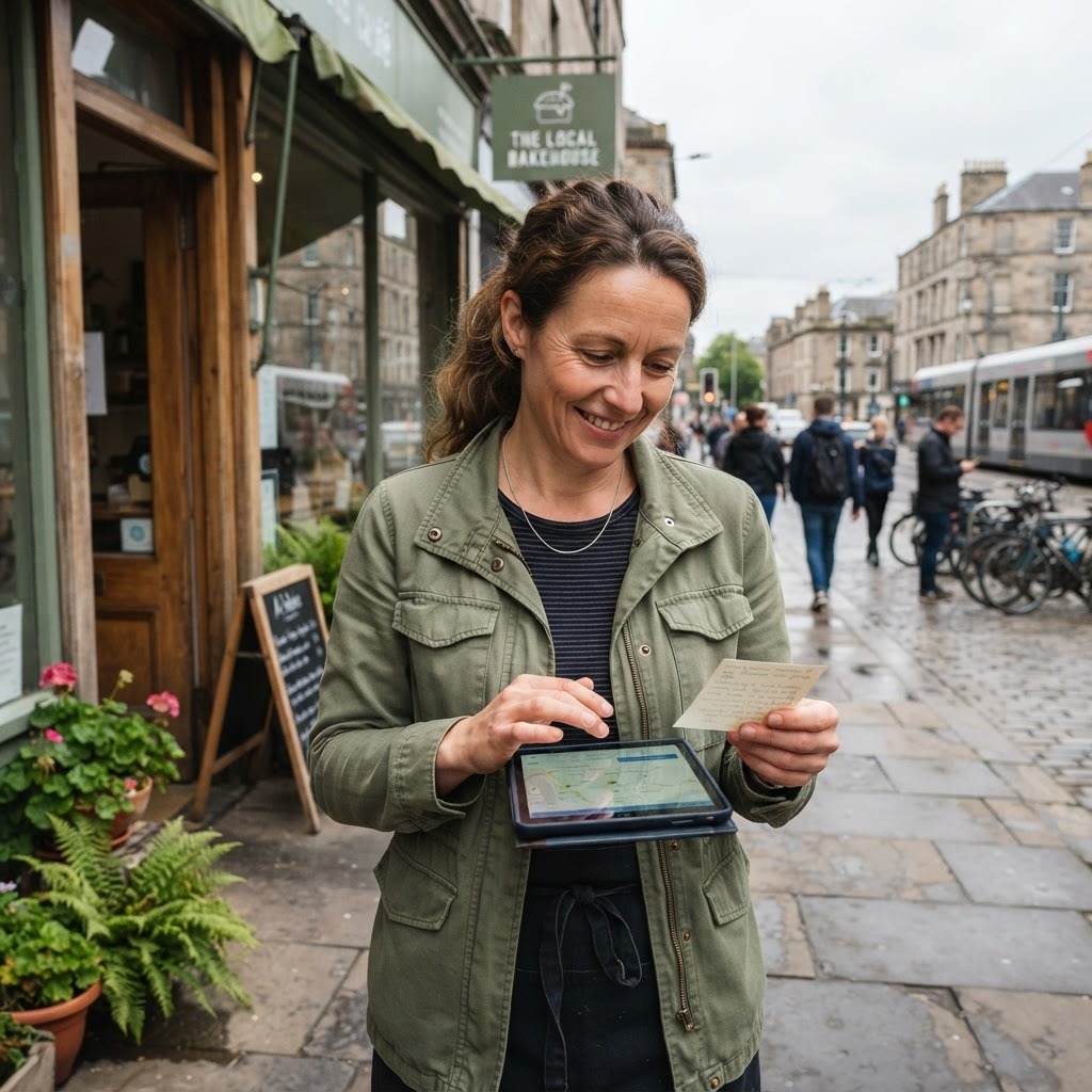 Local trust is assembled from lived experience, not just location data. A business owner compares a tablet recommendation with a handwritten customer note outside a storefront