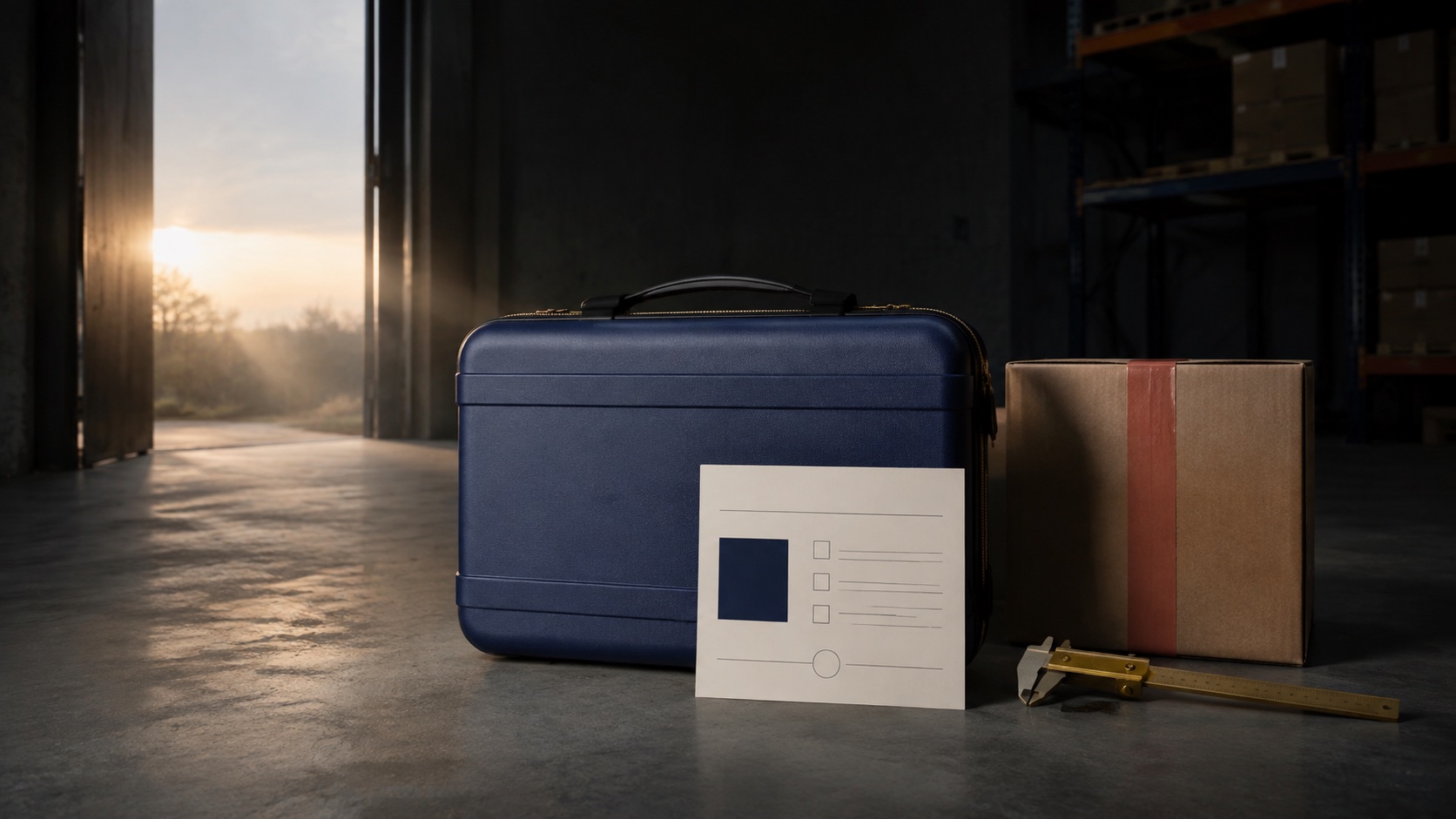 A cobalt travel case aligned with one accurate product record and a parcel at a fulfillment threshold