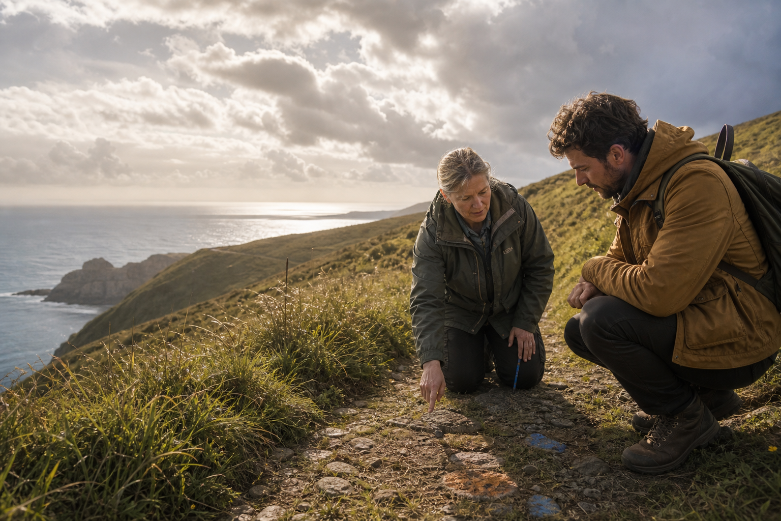 A field guide and visitor studying route markers on a coastal hillside.