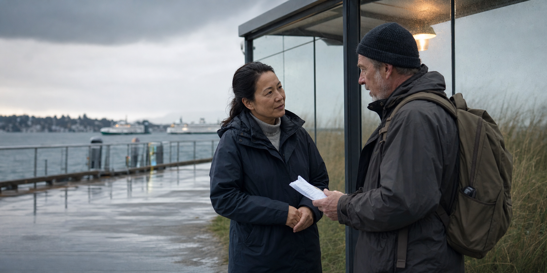 A customer and a human representative speaking attentively at a rain-wet ferry terminal.