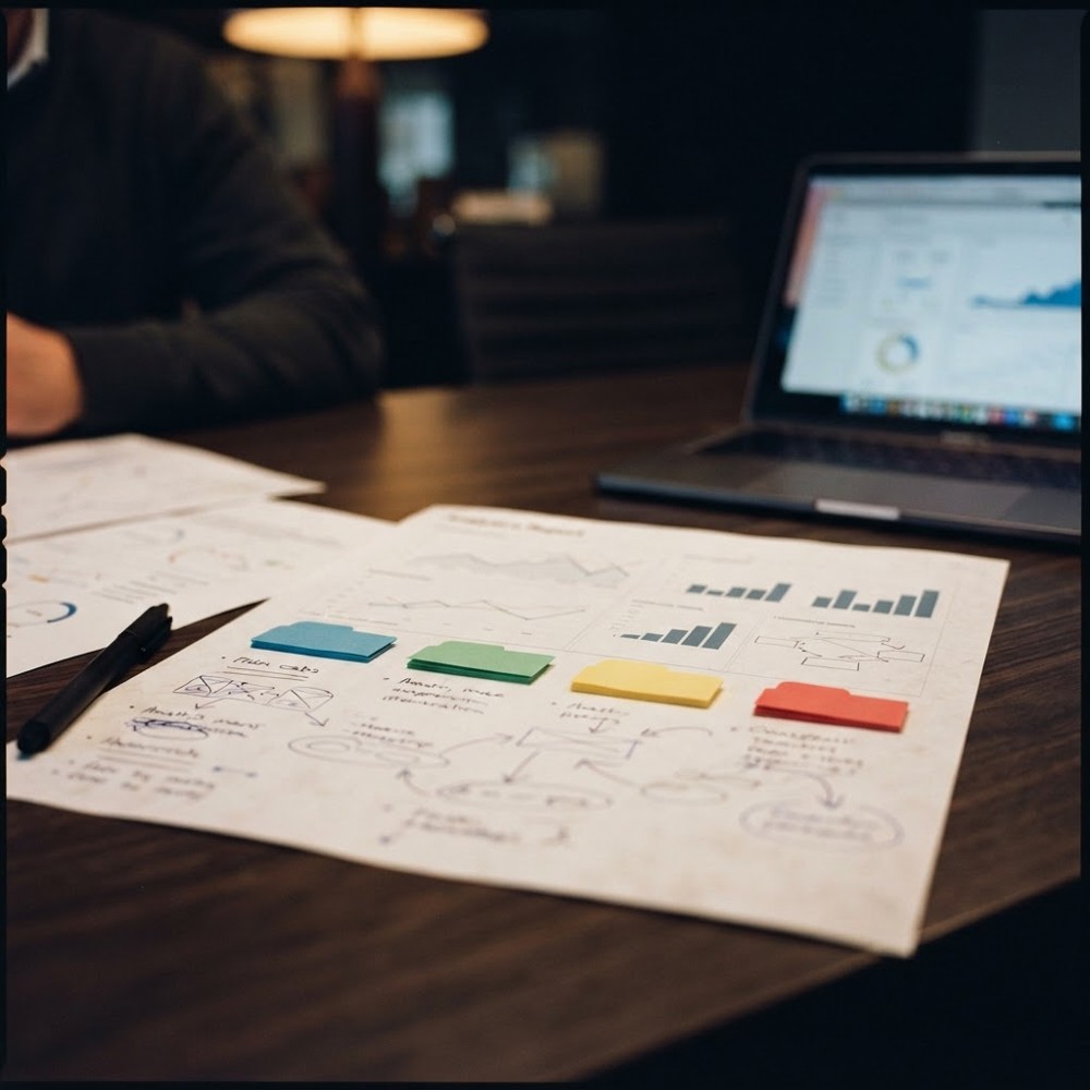 A score is only useful when you can inspect the evidence underneath it. Printed analytics notes and a laptop represent the four layers of AI visibility