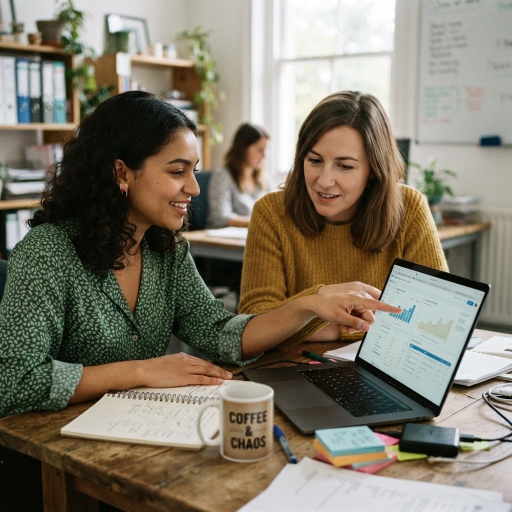 The best dashboard is the one a skeptical teammate can audit. Two agency teammates review an AI brand visibility report in a small office