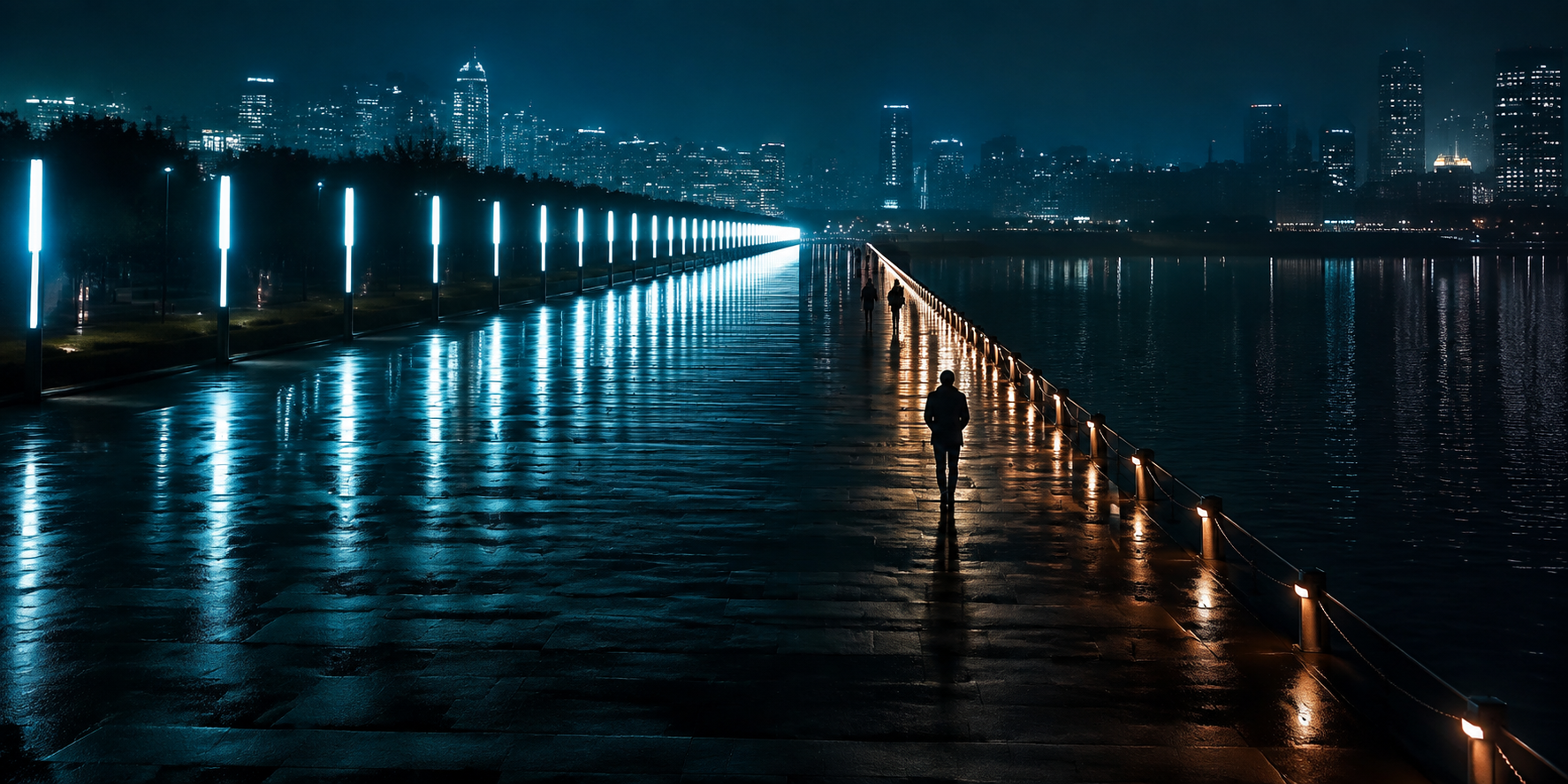 A rain-slick promenade with a broad blue-lit route beside a narrower amber-lit path carrying a few people toward the city.