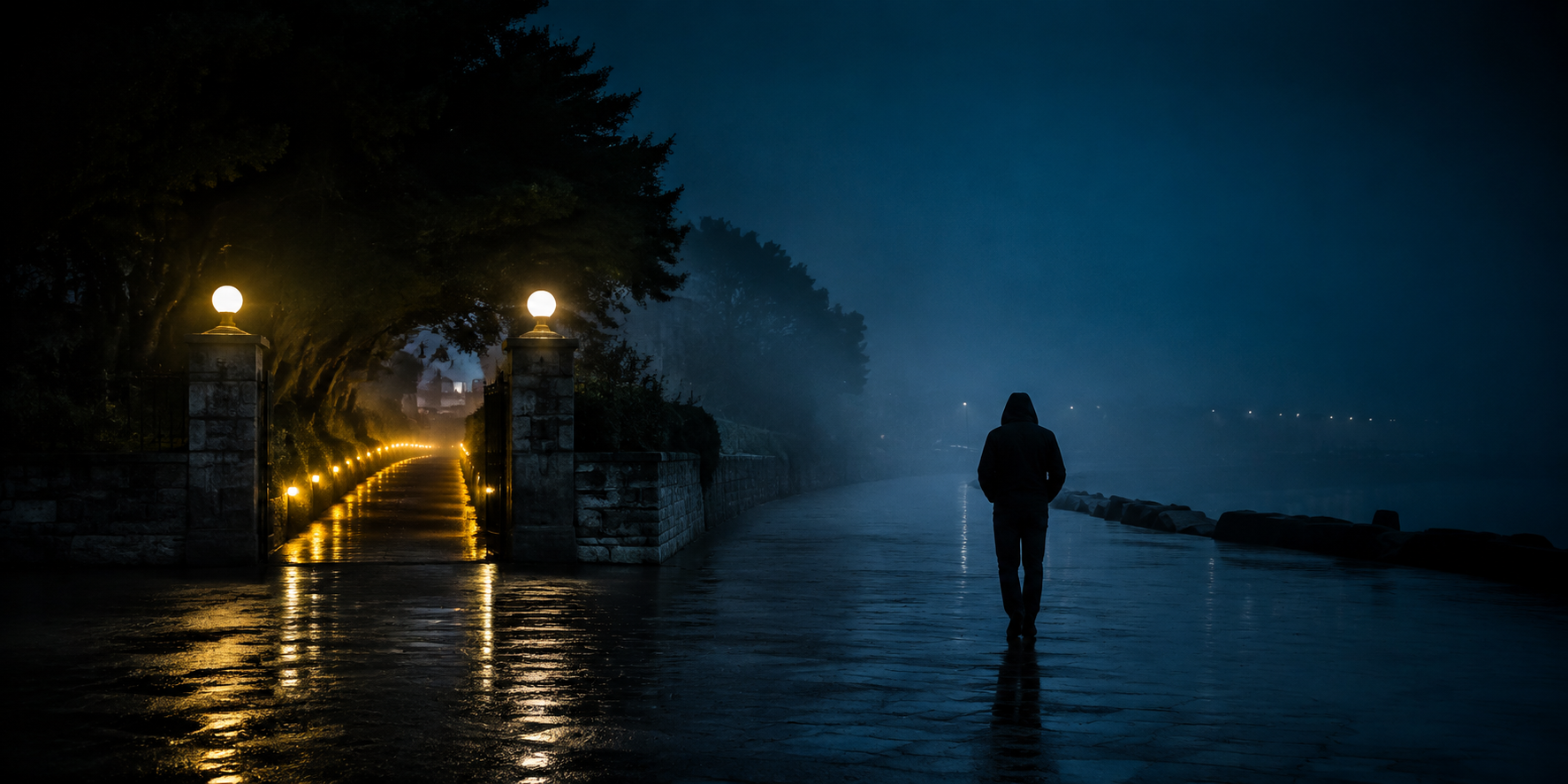 A lone pedestrian walks past a glowing garden path toward a foggy waterfront, representing the missing click.