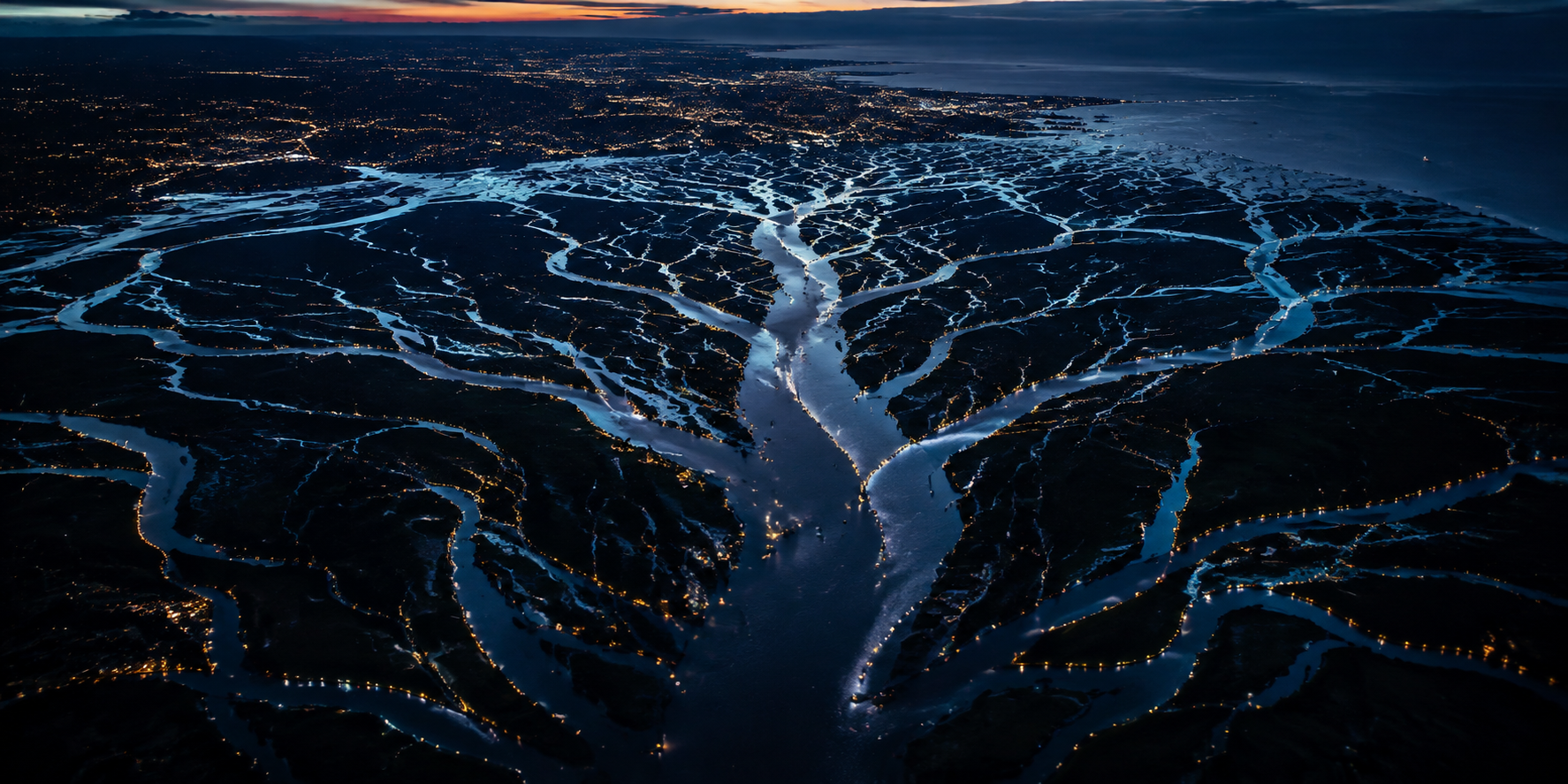 Aerial view of many illuminated channels branching through a dark coastal delta and converging toward one central route.